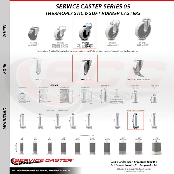 Service Caster 3 Inch Thermoplastic Rubber Wheel 10mm Threaded Stem Caster SCC-TS05S310-TPRS-M1015 - main